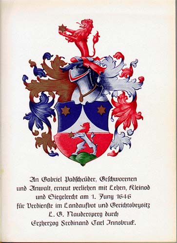 Das Löwenwappen verliehen am 1. Juni 1646 an Gabriel I. PATSCHEÜDER, Gerichtsgeschworener und -verpflichteter am Landesgericht Nauders