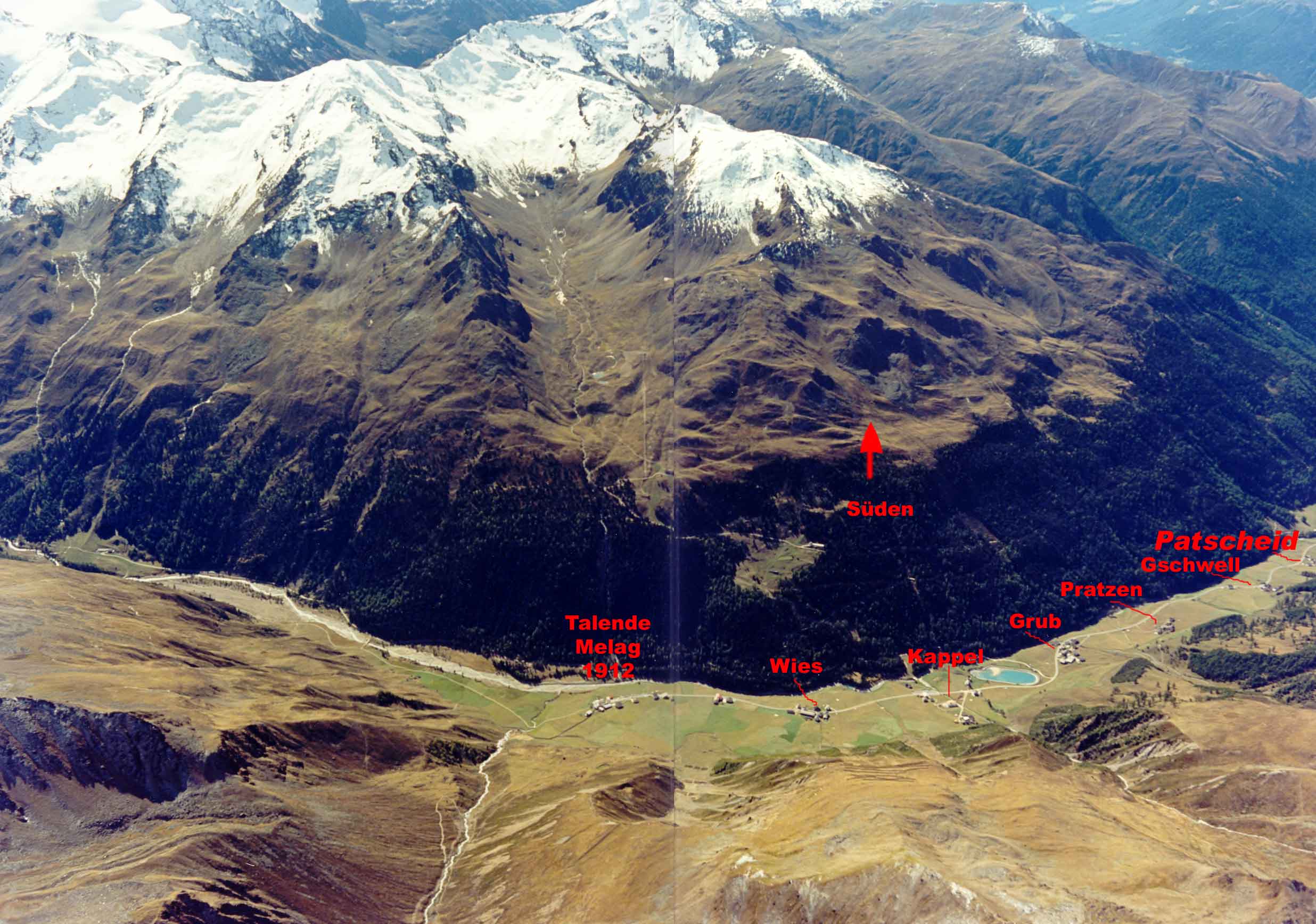 Luftaufnahme vom Langtauferer Tal mit der Lage der einzelnen Höfe: Melag, Wies, Kappl, Grub, Pratzen, Gschwell und Patscheid
