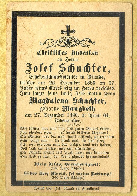 Memorial picture of the dead Josef and Magdalena SCHUCHTER
